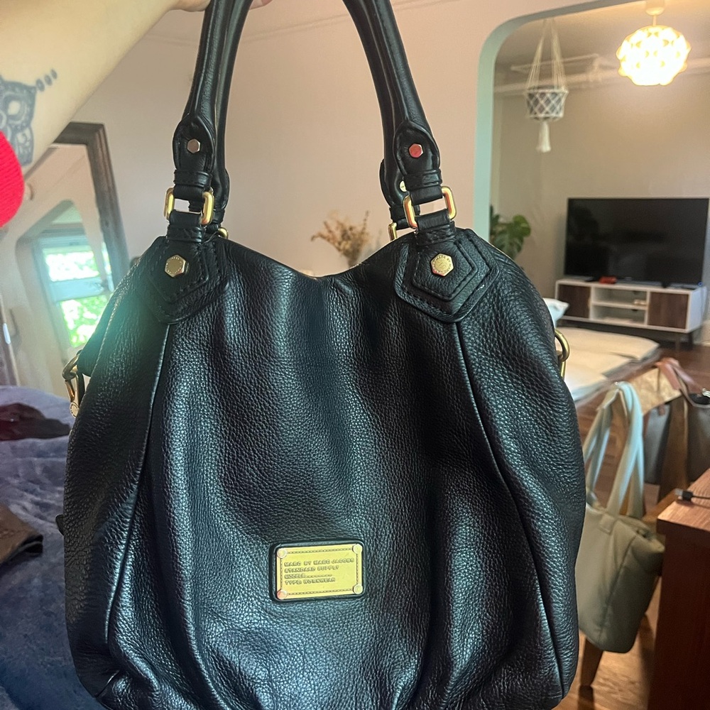 Marc Jacobs Black Leather Shoulder Bag with Gold Accents